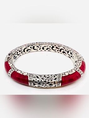 Genuine Sarda Coral Sterling Silver Hinged Bangle Bracelet!